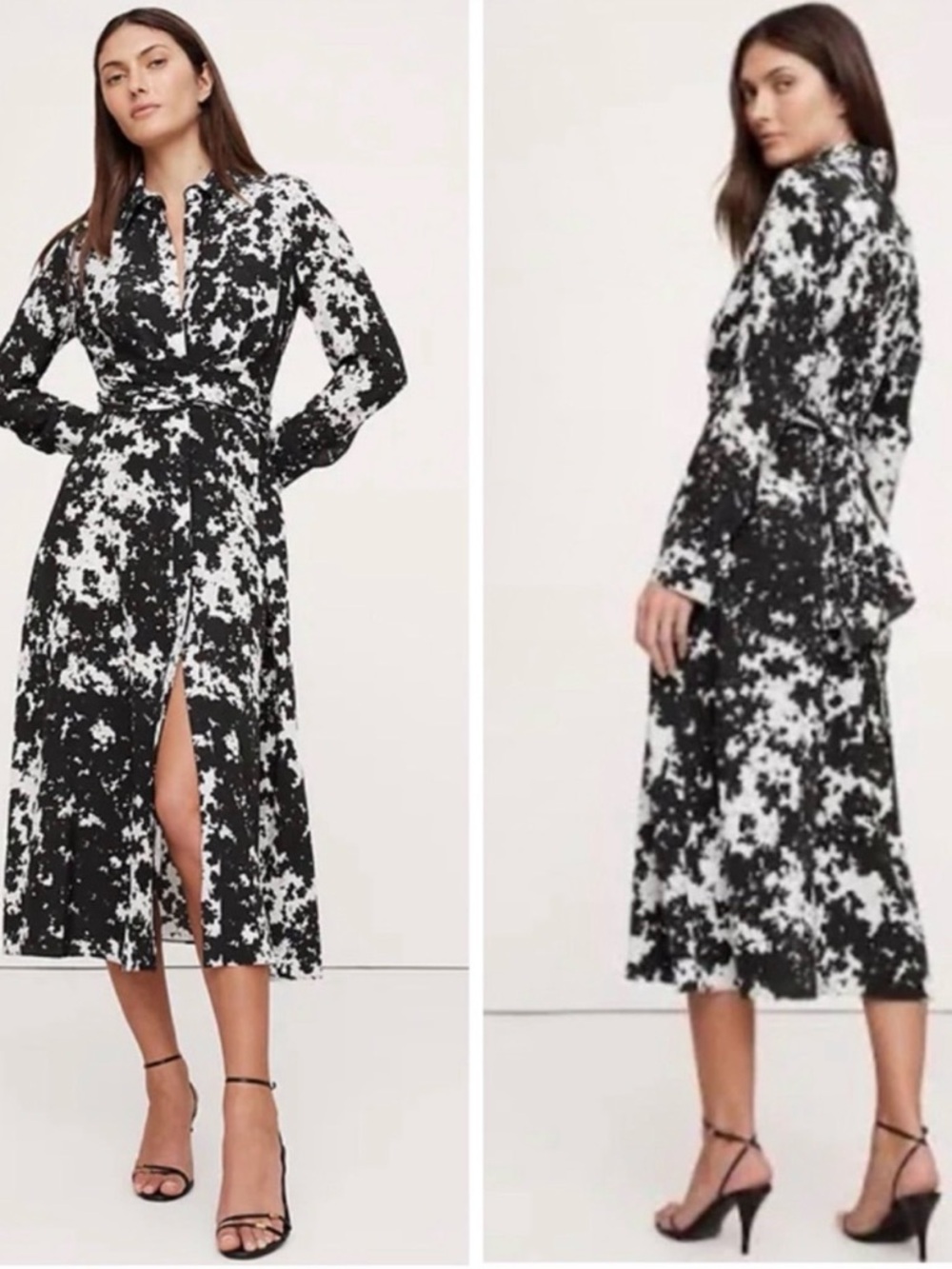 Banana Republic Black & White Matte Silk Twist-Front Shirt Dress